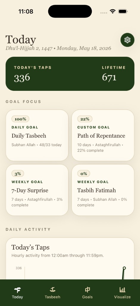 Misbaha Today dashboard with daily taps and goal focus