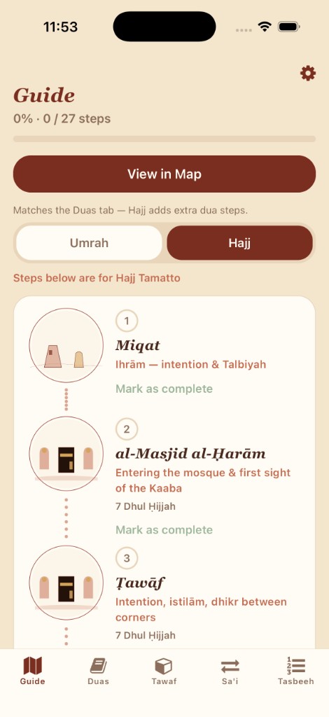 Tazkirah Guide with step-by-step Hajj Tamattu checklist